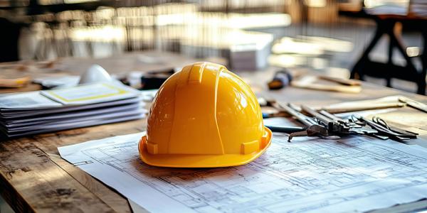Construction Hat on Table with Blueprints
